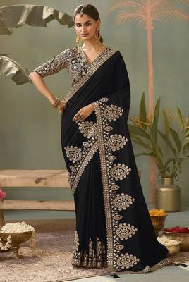 Black bamber silk gota patti embroidery work saree with blouse 1