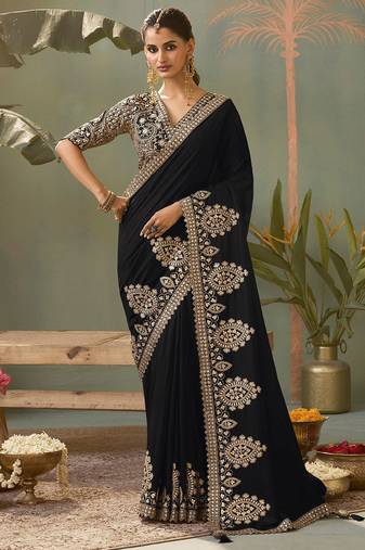 Black bamber silk gota patti embroidery work saree with blouse