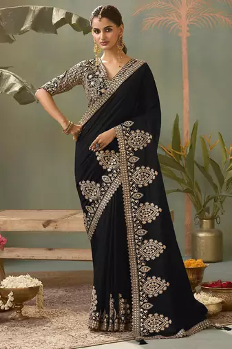 Black bamber silk gota patti embroidery work saree with blouse