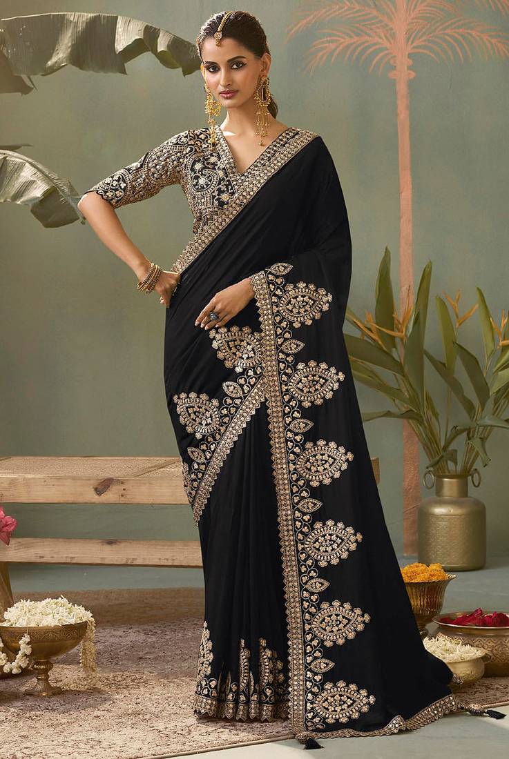 Black bamber silk gota patti embroidery work saree with blouse