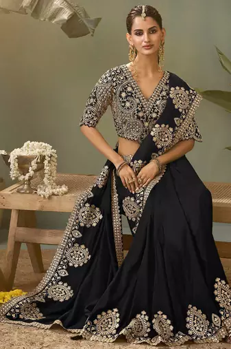 Black bamber silk gota patti embroidery work saree with blouse