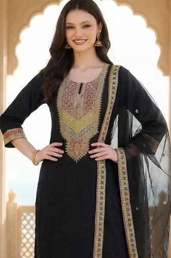 Women Ethnic Motifs Embroidered Thread Work Kurta with Trousers & With Dupatta