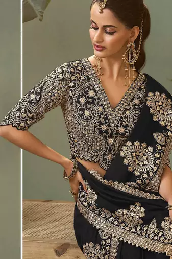 Black bamber silk gota patti embroidery work saree with blouse