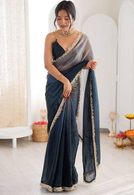 Blue & grey fendy satin shaded with lace border saree with blouse 1