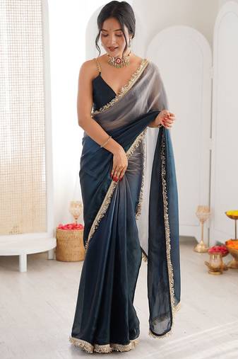 Blue & grey fendy satin shaded with lace border saree with blouse