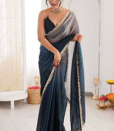 Blue & grey fendy satin shaded with lace border saree with blouse