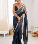 Blue & grey fendy satin shaded with lace border saree with blouse
