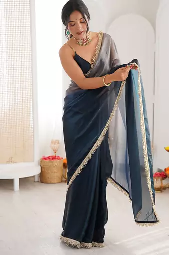 Blue & grey fendy satin shaded with lace border saree with blouse