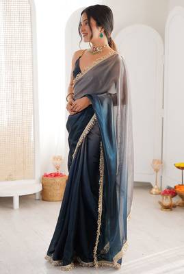 Blue & grey fendy satin shaded with lace border saree with blouse 3