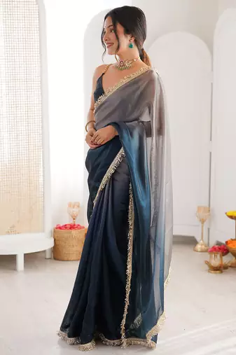 Blue & grey fendy satin shaded with lace border saree with blouse