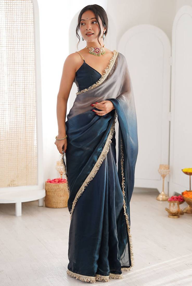 Blue & grey fendy satin shaded with lace border saree with blouse