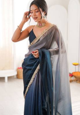 Blue & grey fendy satin shaded with lace border saree with blouse 5