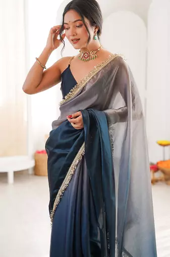 Blue & grey fendy satin shaded with lace border saree with blouse
