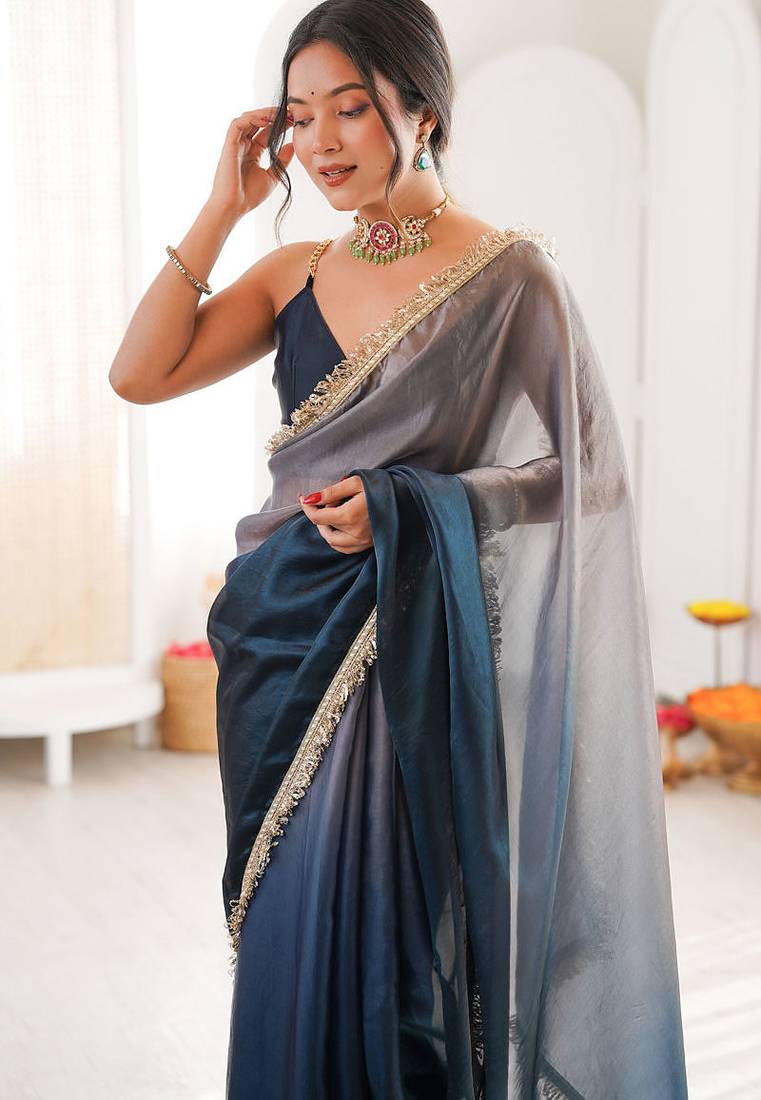 Blue & grey fendy satin shaded with lace border saree with blouse
