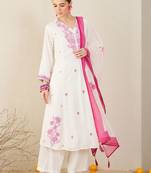 Floral Embroidered V-Neck Thread Work A-Line Kurta & Trousers With Dupatta