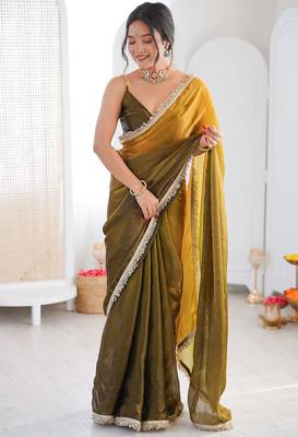 Mehendi & mustard fendy satin shaded with lace border saree with blouse 1