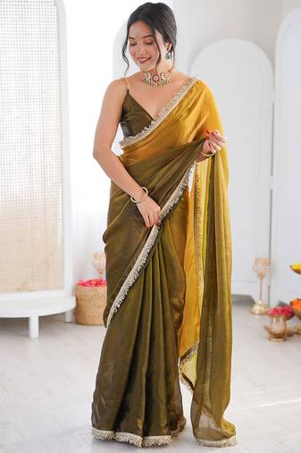Mehendi & mustard fendy satin shaded with lace border saree with blouse