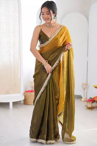 Mehendi & mustard fendy satin shaded with lace border saree with blouse
