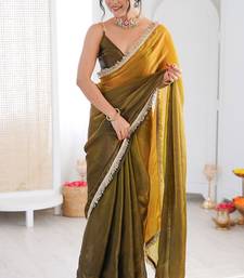 Mehendi & mustard fendy satin shaded with lace border saree with blouse