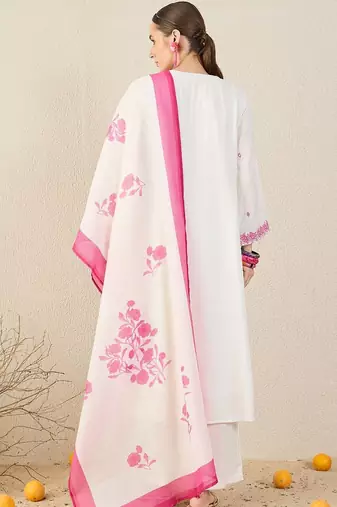 Floral Embroidered V-Neck Thread Work A-Line Kurta & Trousers With Dupatta