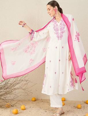 Floral Embroidered V-Neck Thread Work A-Line Kurta & Trousers With Dupatta 5