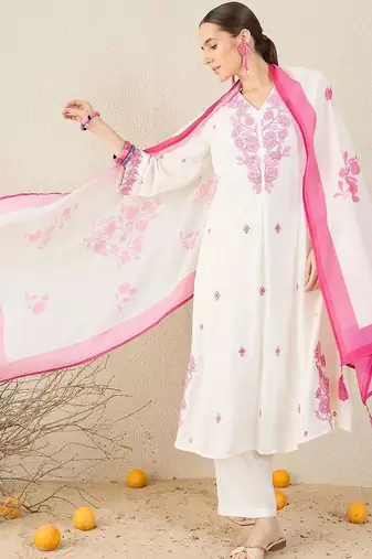 Floral Embroidered V-Neck Thread Work A-Line Kurta & Trousers With Dupatta