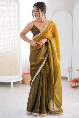 Mehendi & mustard fendy satin shaded with lace border saree with blouse 2
