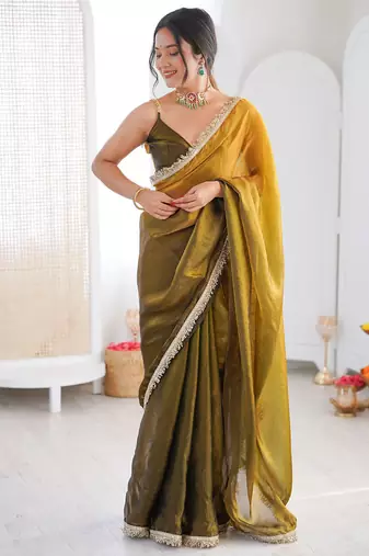 Mehendi & mustard fendy satin shaded with lace border saree with blouse