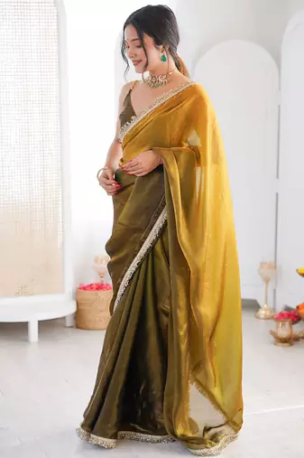 Mehendi & mustard fendy satin shaded with lace border saree with blouse