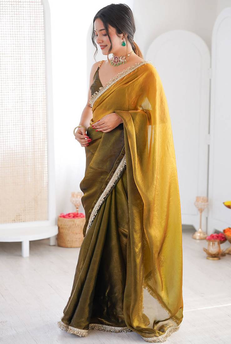 Mehendi & mustard fendy satin shaded with lace border saree with blouse