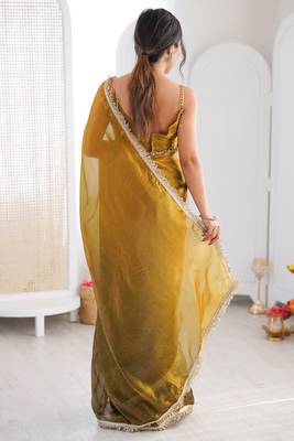Mehendi & mustard fendy satin shaded with lace border saree with blouse 4