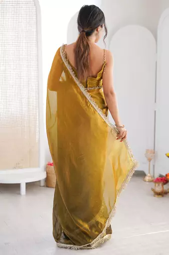 Mehendi & mustard fendy satin shaded with lace border saree with blouse