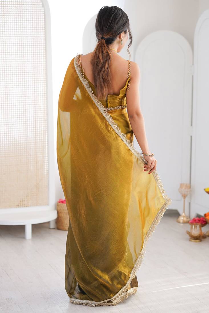 Mehendi & mustard fendy satin shaded with lace border saree with blouse