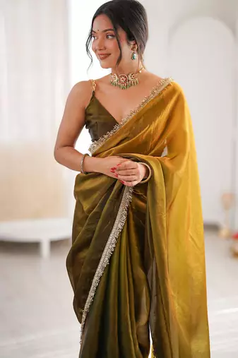 Mehendi & mustard fendy satin shaded with lace border saree with blouse