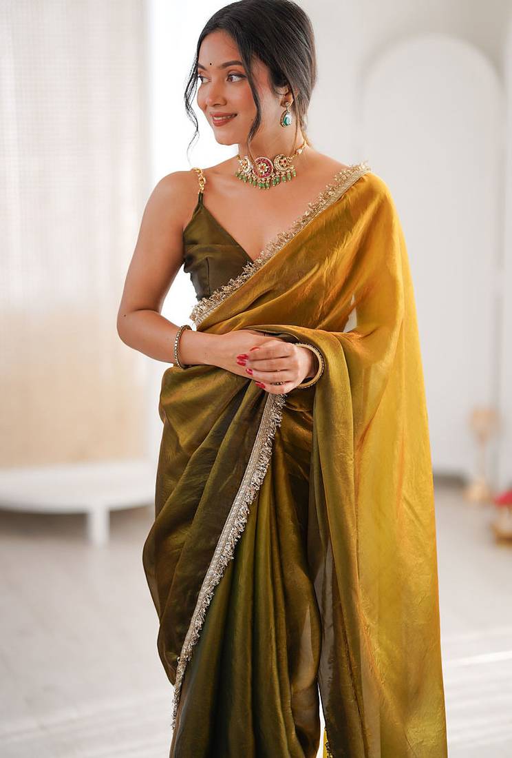 Mehendi & mustard fendy satin shaded with lace border saree with blouse