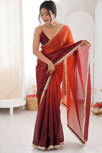Maroon & rust fendy satin shaded with lace border saree with blouse
