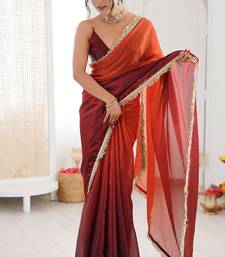 Maroon & rust fendy satin shaded with lace border saree with blouse