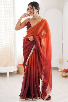 Maroon & rust fendy satin shaded with lace border saree with blouse 2
