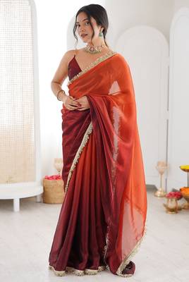 Maroon & rust fendy satin shaded with lace border saree with blouse 3