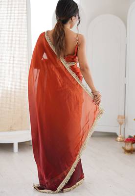 Maroon & rust fendy satin shaded with lace border saree with blouse 4
