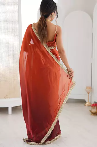 Maroon & rust fendy satin shaded with lace border saree with blouse