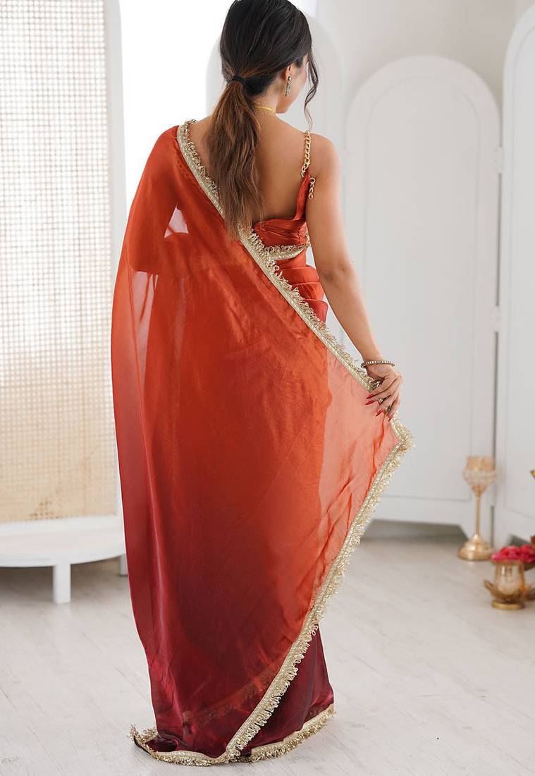 Maroon & rust fendy satin shaded with lace border saree with blouse