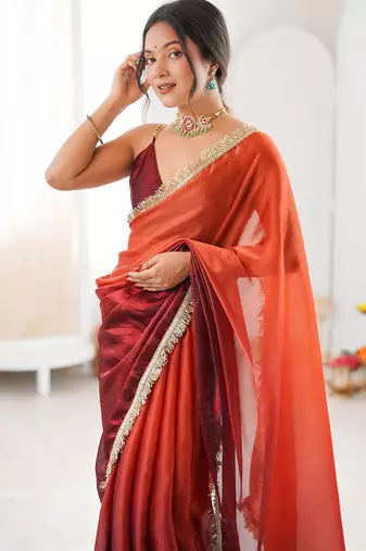 Maroon & rust fendy satin shaded with lace border saree with blouse