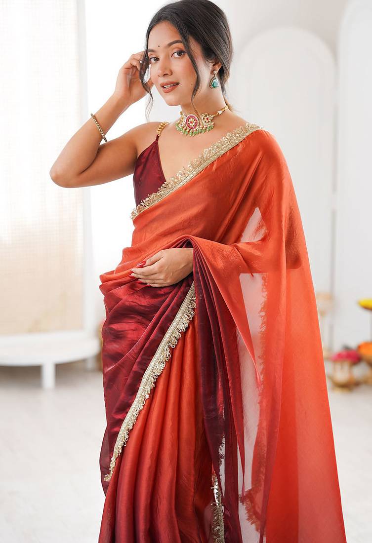 Maroon & rust fendy satin shaded with lace border saree with blouse