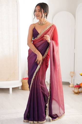 Purple & pink fendy satin shaded with lace border saree with blouse