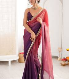 Purple & pink fendy satin shaded with lace border saree with blouse