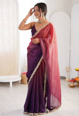 Purple & pink fendy satin shaded with lace border saree with blouse 3