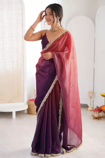 Purple & pink fendy satin shaded with lace border saree with blouse