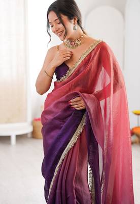 Purple & pink fendy satin shaded with lace border saree with blouse 4