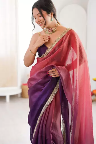 Purple & pink fendy satin shaded with lace border saree with blouse